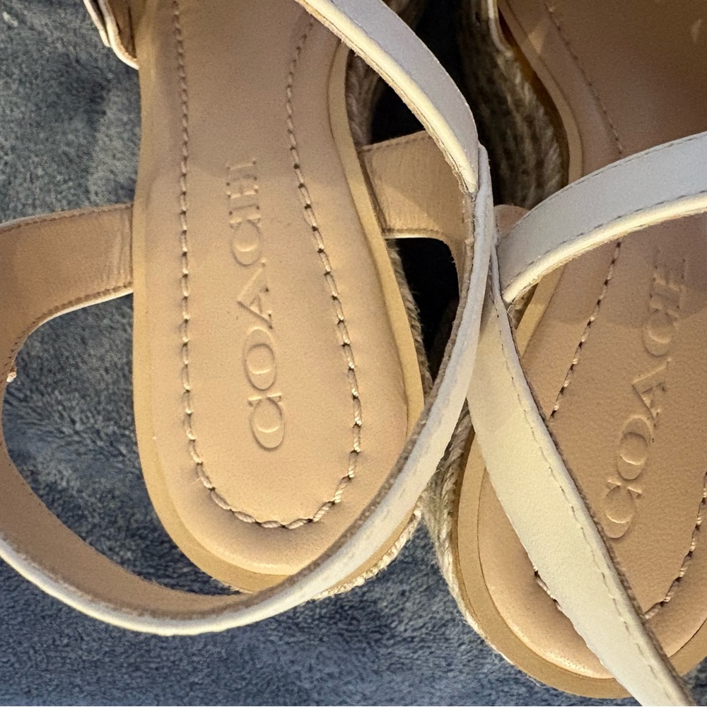 Coach White Floral Leather Block Heel Sandals with Tan Accents - Picture 4 of 4